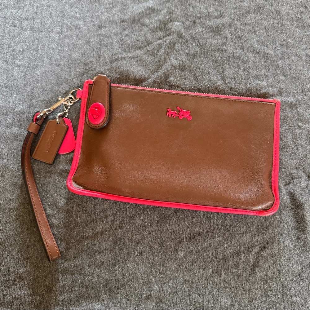 Rare Coach Saddle Brown & Neon Pink Wristlet Wallet